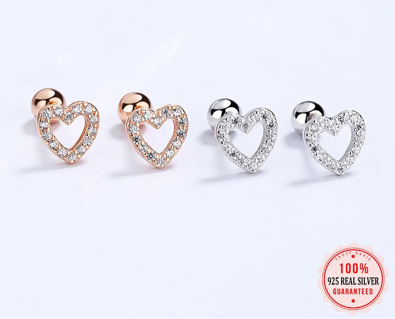 Sterling Silver Romantic Heart Shiny CZ Beads Screw Stud Earrings For Women Wedding Fine Jewelry Gift