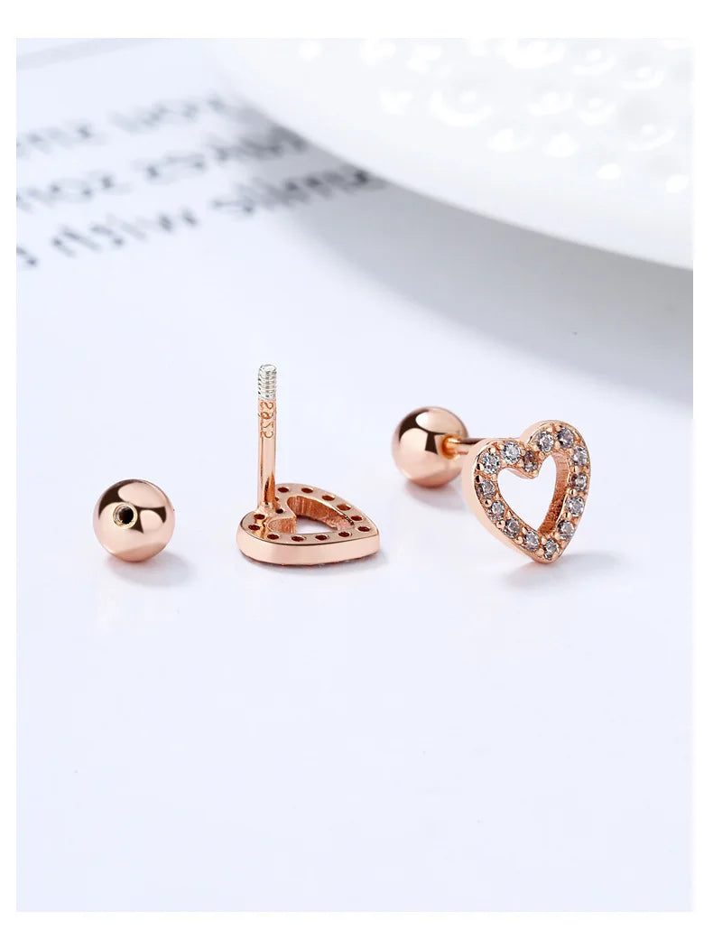 Sterling Silver Romantic Heart Shiny CZ Beads Screw Stud Earrings For Women Wedding Fine Jewelry Gift