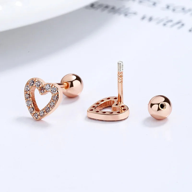 Sterling Silver Romantic Heart Shiny CZ Beads Screw Stud Earrings For Women Wedding Fine Jewelry Gift