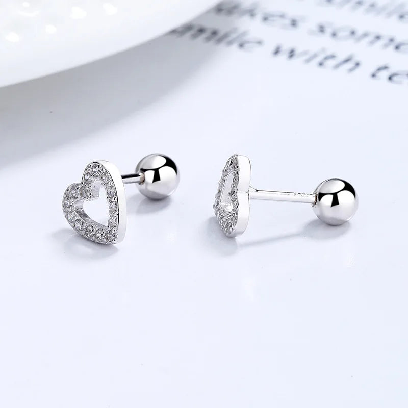 Sterling Silver Romantic Heart Shiny CZ Beads Screw Stud Earrings For Women Wedding Fine Jewelry Gift