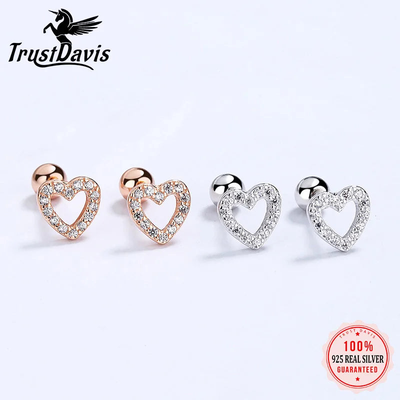 Sterling Silver Romantic Heart Shiny CZ Beads Screw Stud Earrings For Women Wedding Fine Jewelry Gift