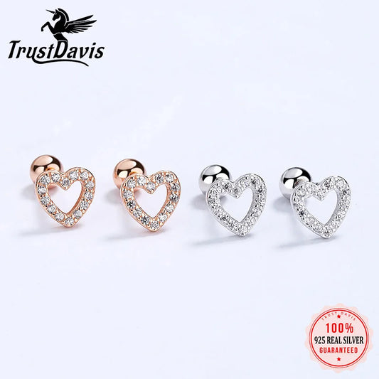 Sterling Silver Romantic Heart Shiny CZ Beads Screw Stud Earrings For Women Wedding Fine Jewelry Gift